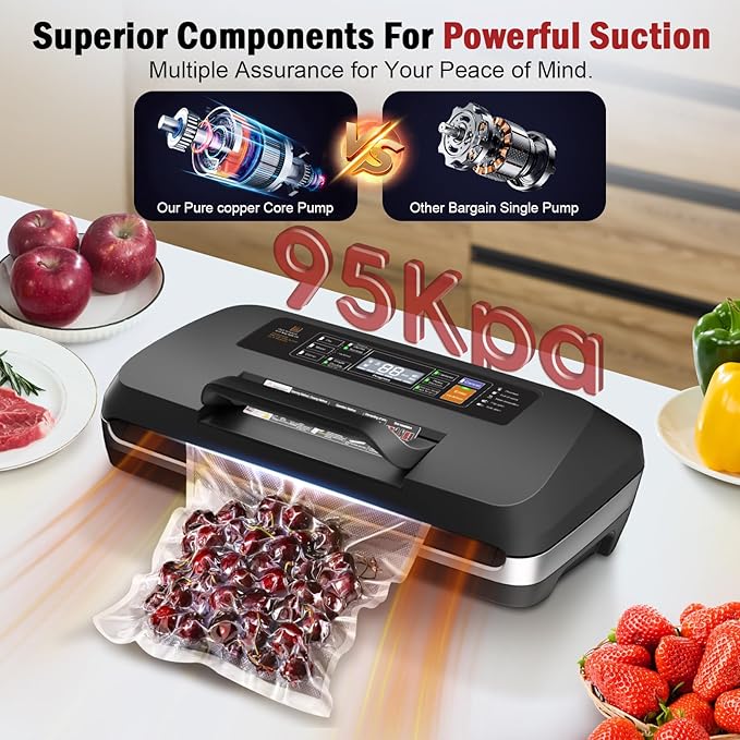95kpa Vacuum Sealer Machine, Updated 2025 Commercial Fully Automatic Food Sealer, 10-in-1Functions & Powerful Sealing System with Double Heat Seal, Easy-Lock Handle, Built-inCutter and Bag Storage