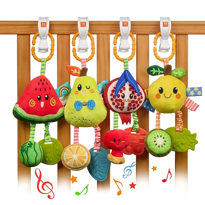 TUMAMA Hanging Toys for Baby Gym, 4 Pack Fruit Crib Stroller Baby Gym Mobile Plush Toys with Teether, Hanging Rattle Toys, Car Seat Toys for Babies 0-6 Months Boy