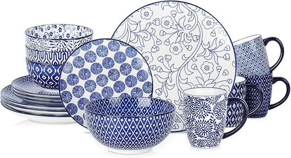 Selamica Ceramic Dinnerware Sets for 4, 16 Pieces Dishes Set, Scratch Resistant Plates and Bowls Sets, Microwave and Dishwasher Safe (Vintage Blue) A