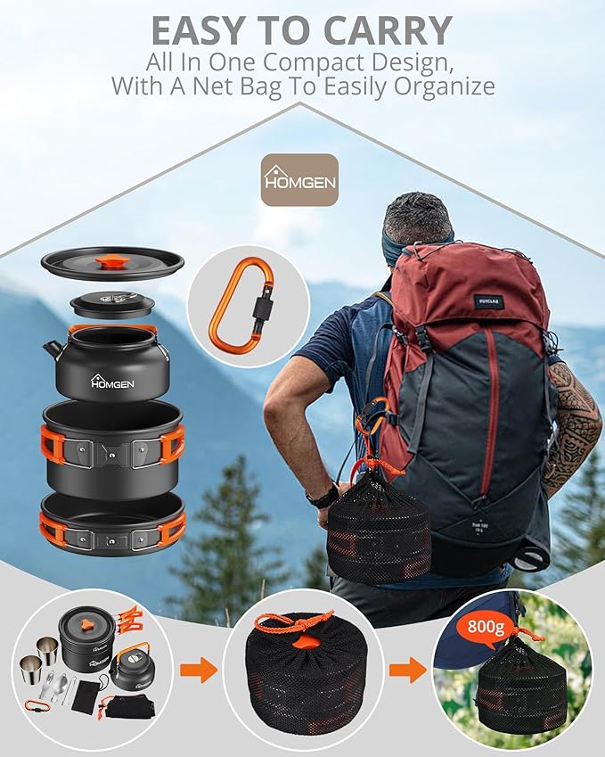 HOMGEN 12-Pieces Ultralight Anodized Aluminum Camping Cookware Set for 2 People - Nesting Pot/Pan with Foldable Handles 800ml Insulated Teapot & Stainless Cups for Camping Hiking