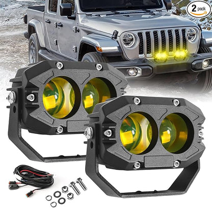BraveWAY 4 Inch 80W Amber Fog Lights, Yellow LED Pods 9600LM Super Bright with Harness Yellow Spot Beam Waterproof Off Road Ditch Lights for Truck Pickup Ram Motorcycle SUV ATV UTV Pack of 2