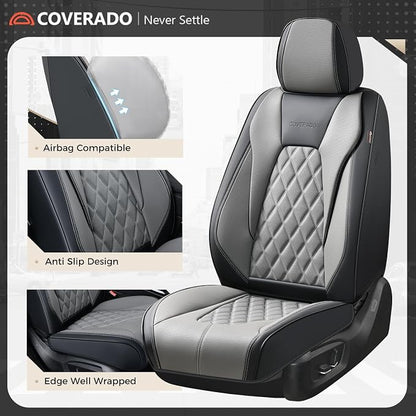 Coverado Car Seat Covers for Cars, Waterproof Automotive Seat Protectors, Leather Car Seat Covers Full Set, 5 Seats Driver Protectors Universal Fit for Cars SUVs, Trucks, Car Accessories - Black&Gray