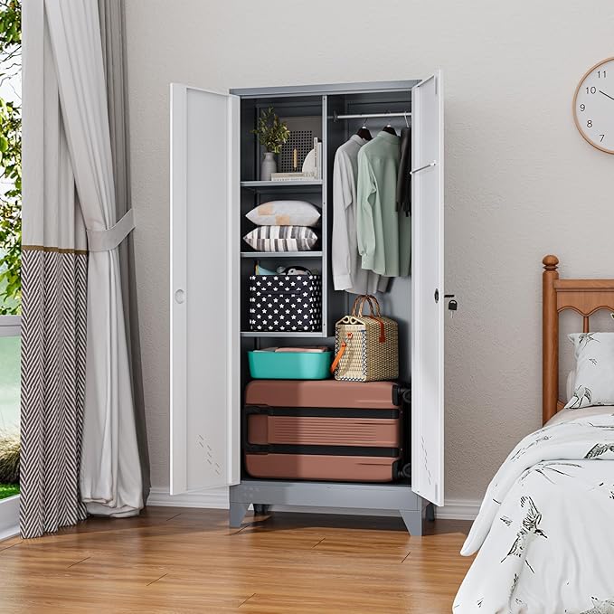 Metal Storage Cabinet with Locking Doors, Broom Closet/Freestanding Bathroom