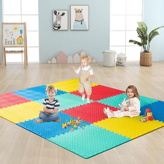 HONEY JOY Foam Floor Tiles for Kids, EVA Interlocking Baby Soft Puzzle Play Mat with Borders, Non-Slip Large Carpet Rug, for Baby Crawling Exercise & Development, Playroom, Bedroom (12 Pieces)