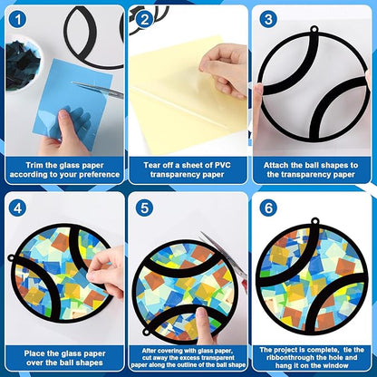 32 Sets Sports Ball Suncatchers Craft Kit DIY Window Stained Glass Effect Football Baseball Basketball Paper Craft Home School Classroom Decoration Kid Birthday Gift Creative Art Project Activity Game