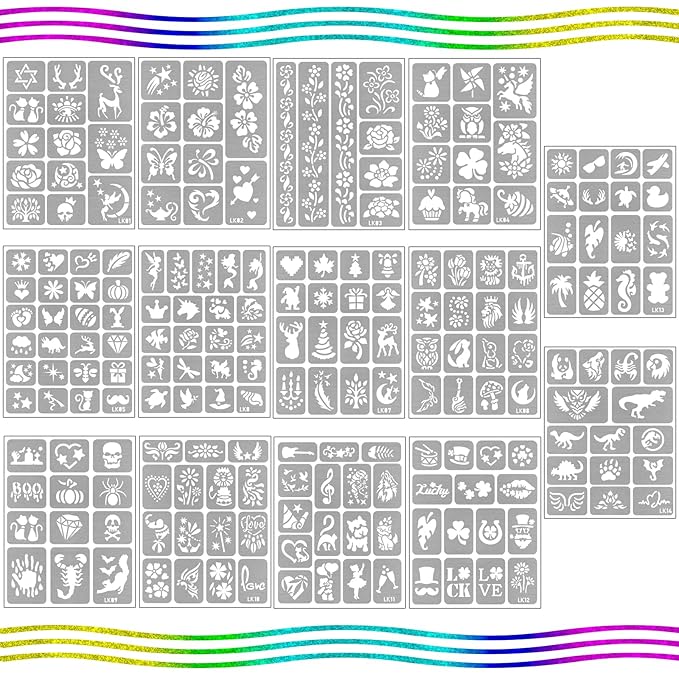 Yazhiji 390 PCS Temporary Tattoo Stencils, Face and Body Paint Stencils Kit, Girl Boy Glitter Tattoos Stencils Pack for Kids School Show Birthdays Halloween Christmas Party Favor Supplies