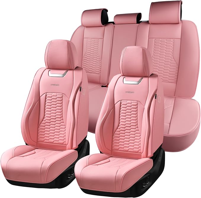 Coverado Car Seat Covers Full Set, 5 Seats Pink Seat Covers for Cars, Nappa Leather Waterproof Car Seat Covers Automotive Seat Covers Interior Accessories Universal Fit Most Cars