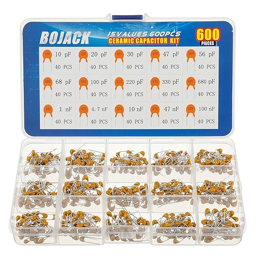 BOJACK 15 Type Values 600Pcs Ceramic Capacitor Assortment Kit Capacitors from 10pf to 100nF in a Box