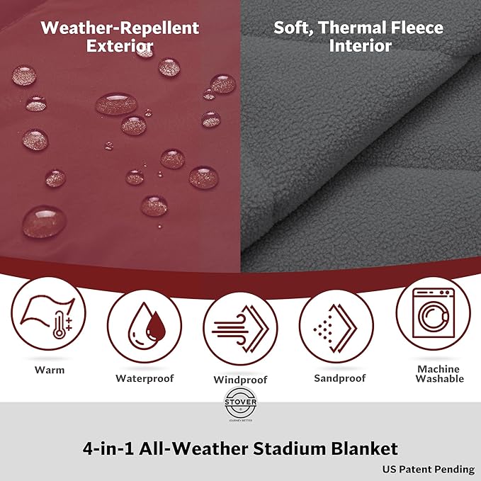 STOVER Waterproof Stadium Blanket – Portable Outdoor Camping Blanket for Travel, Picnics, or Sports – Warm, Windproof, Lightweight, and Packable (Game Day Red)