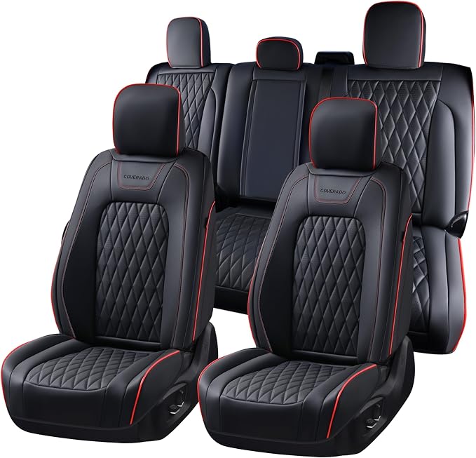 Coverado Leather Seat Covers Full Set for Ford F150F250F350F450(2015-2026)Waterproof Automotive Cushion Covers for Pick-Up Trucks Custom Fit for F150 SuperCrew&F250–F450 Super Duty Crew Cab(Red Line)