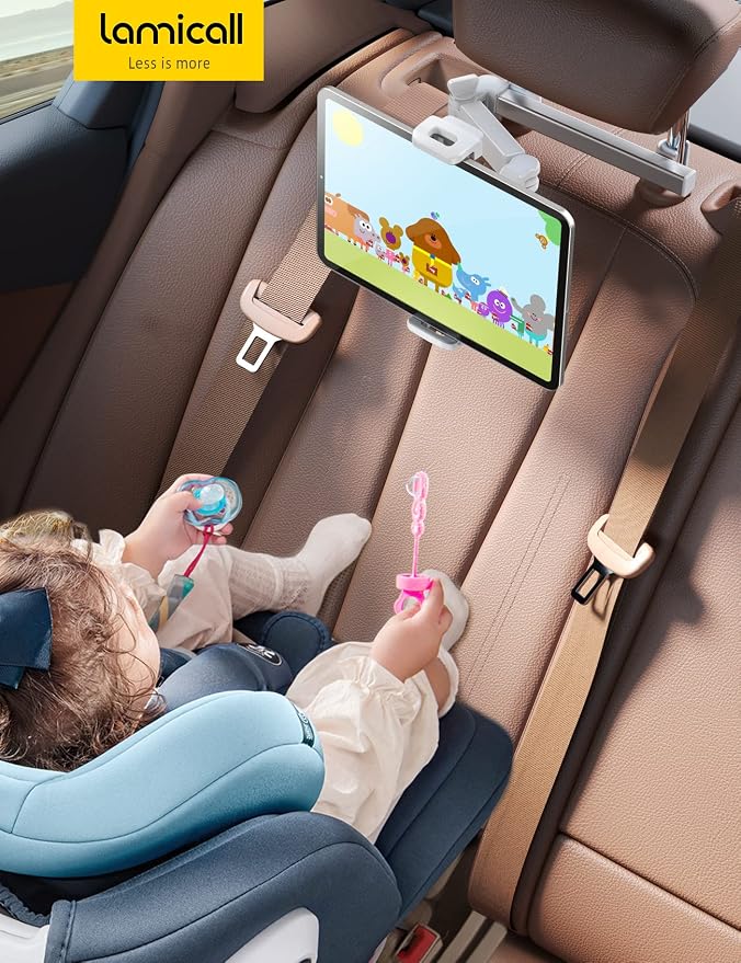 Lamicall Car Headrest Tablet Holder - [Extension Arm] Upgrade Adjustable Tablet Car Mount for Back Seat, Road Trip Essentials for Kids, for 4.7-11" Device like iPad Pro, Air, Mini, Galaxy, Fire, White
