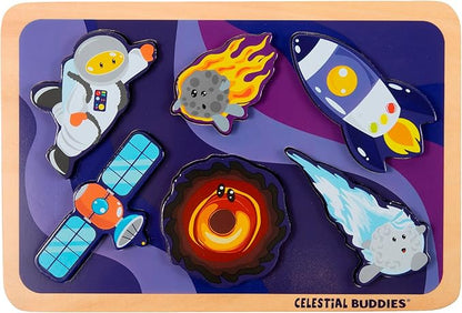 Celestial Buddies Chunky Wooden Toddler Puzzles, 12x8 Inch – Educational Space Puzzle for Early Science & Astronomy Exploration - STEM Learning (2-Pack)