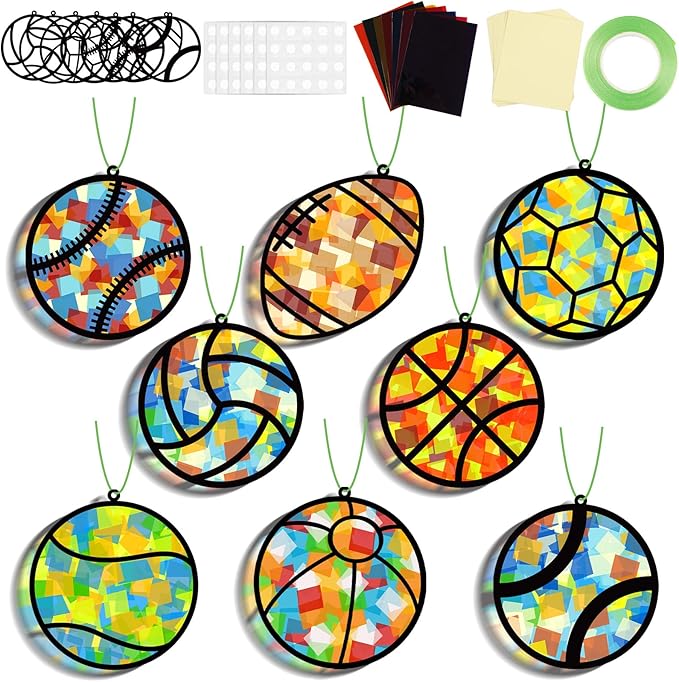 32 Sets Sports Ball Suncatchers Craft Kit DIY Window Stained Glass Effect Football Baseball Basketball Paper Craft Home School Classroom Decoration Kid Birthday Gift Creative Art Project Activity Game