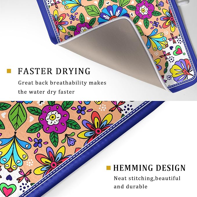 Mexican Talavera Dish Drying Mat Navy Blue Large Microfiber Dish Drain Pad