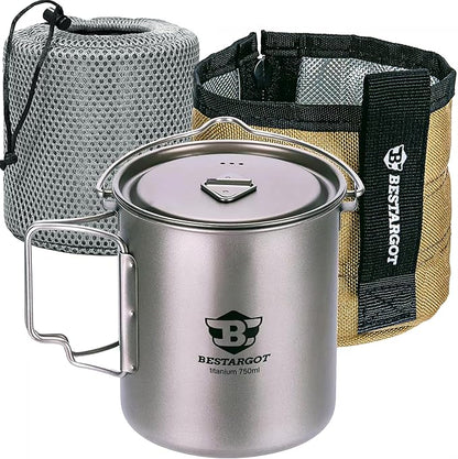 Bestargot Camping Titanium Pot, 750ml Outdoor Cup with Insulation Cup Carrier, Titanium Camping Drinkware, 132g Lightweight and Large Capacity (750 titanium)