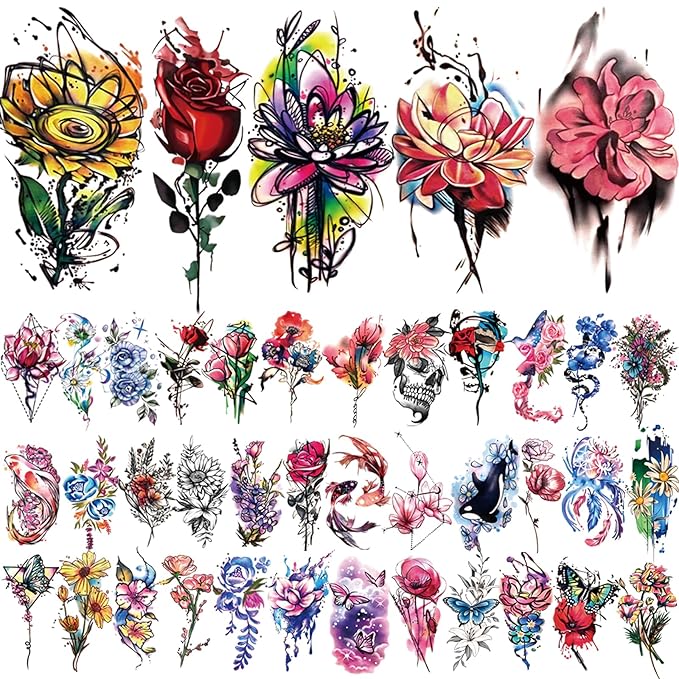77 Sheets Flowers Temporary Tattoo, 17 Sheets Half Arm Rose Butterfly Snake Skull Fake Tattoos for Adults Arm Neck, 60 Sheets Tiny Realistic Temporary Tattoos Waterproof for Women Girls and Kids