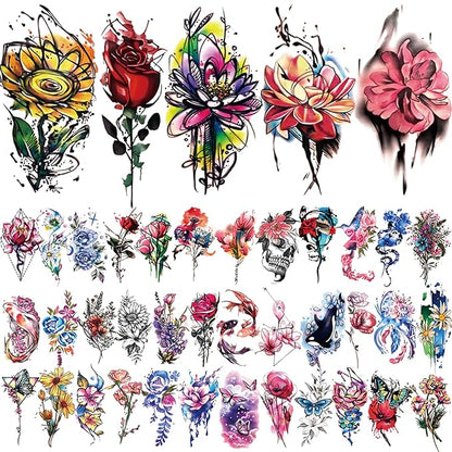 77 Sheets Flowers Temporary Tattoo, 17 Sheets Half Arm Rose Butterfly Snake Skull Fake Tattoos for Adults Arm Neck, 60 Sheets Tiny Realistic Temporary Tattoos Waterproof for Women Girls and Kids