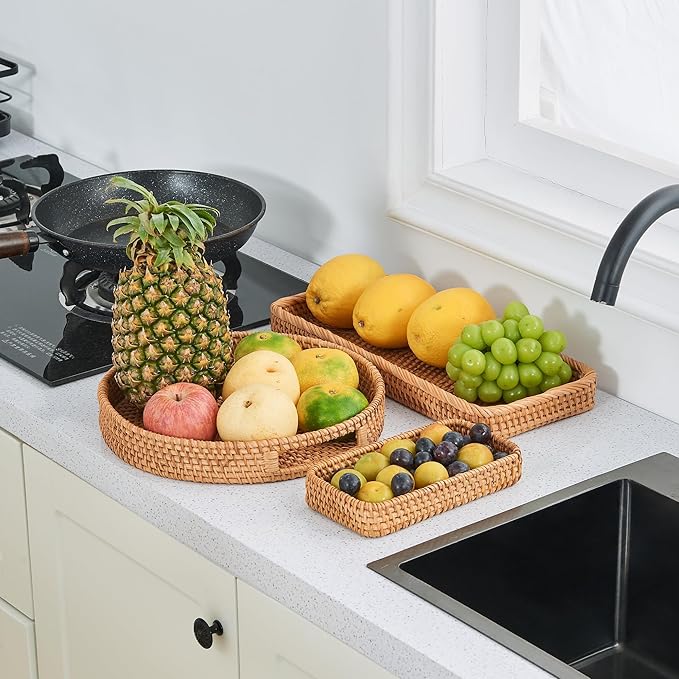 Rectangular Rattan Tray, Long Woven Tray Rectangle Tray, Flat Rattan Serving Tray for Breakfast, Drinks, Snacks(15.75''x6.69''x1.57'')