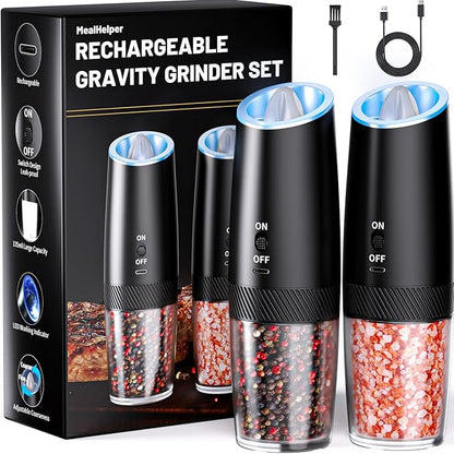MealHelper Rechargeable Gravity Electric Salt and Pepper Grinder Set