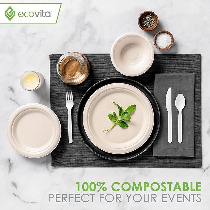 Ecovita 100% Compostable Paper Plates [7 in.] – 150 Disposable Plates Eco Friendly Sturdy Tree Free Liquid and Heat Resistant Alternative to Plastic or Paper Plates