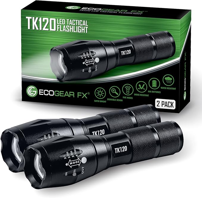 EcoGear FX LED Flashlights - Small Camping Flashlights with High Lumens, 5 Light Modes, Zoomable Beam - Bright Tactical Flash Light for Outdoor Home and Emergency [2 Pack]
