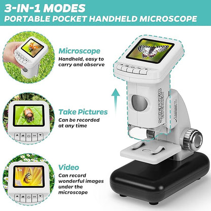 Rechargeable Digital Microscope for Kids 1200X - 2'' LCD Screen STEM Toy with 32G SD Card for Photo/Video, Portable Pocket Microscope for Boys Girls Ages 6,7,8-12, Science Kit Gift Birthday Christmas