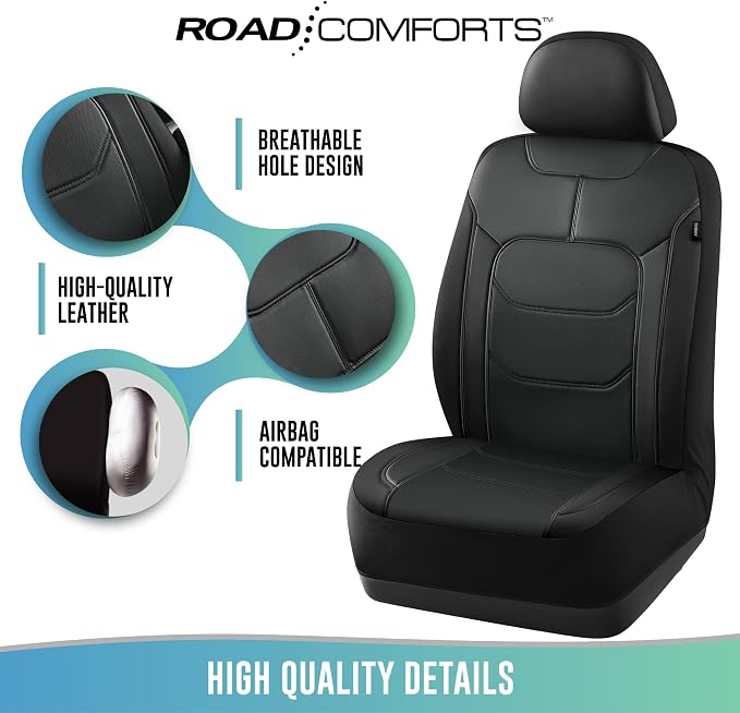 Road Comforts Seat Covers, Premium Leather Car Seat Covers Front Seats,Airbag Compatible, Automotive Seat Covers Universal Fit Most Cars,Vans,Truck,SUV Black