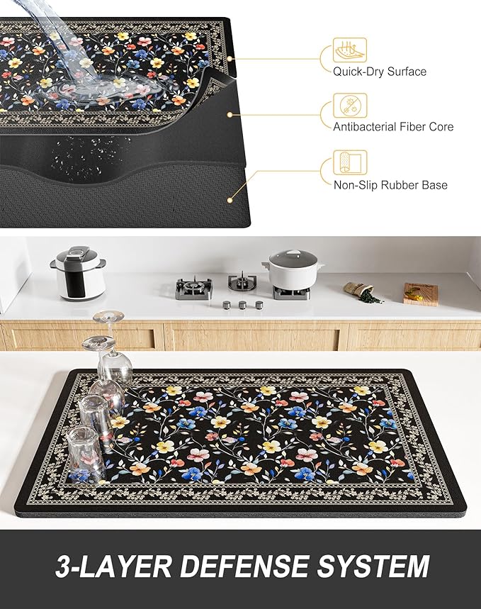 Rnivvi Dish Drying Mat for Kitchen Counter, 12 x 19" Cute Flower Theme Super