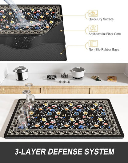 Rnivvi Dish Drying Mat for Kitchen Counter, 12 x 19" Cute Flower Theme Super