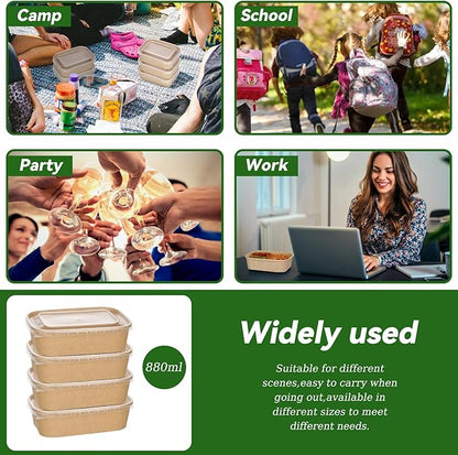 DI QIU REN 50-Pack 29oz Disposable Kraft Paper Bowls【with Lids and Forks】, Meal Prep Containers Disposable Large Paper Bowls Leakproof Take Out To Go Food Containers, Microwave Safe for Hot/Cold Food