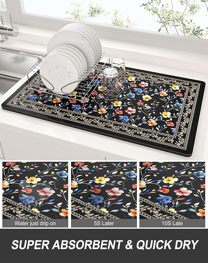 Rnivvi Dish Drying Mat for Kitchen Counter, 12 x 19" Cute Flower Theme Super