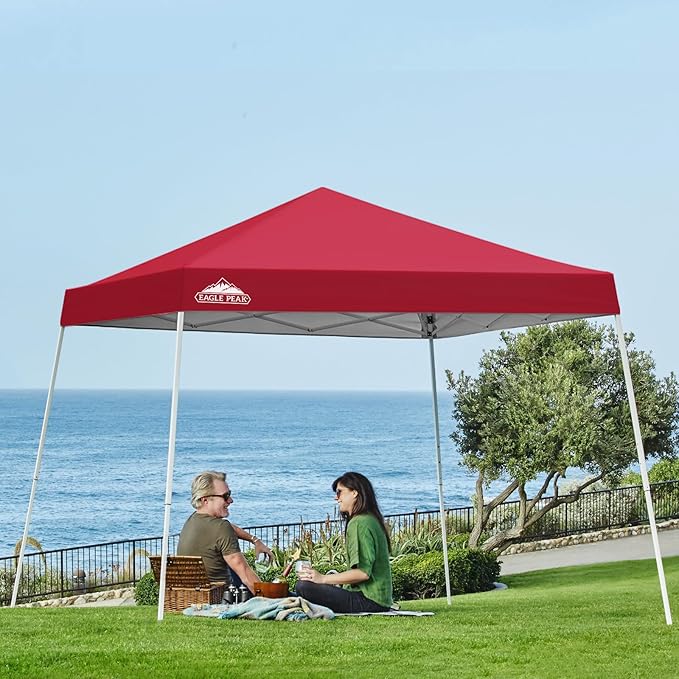 EAGLE PEAK 10x10 Slant Leg Pop-up Canopy Tent Easy One Person Setup Instant Outdoor Beach Canopy Folding Portable Sports Shelter 10x10 Base 8x8 Top (Red)