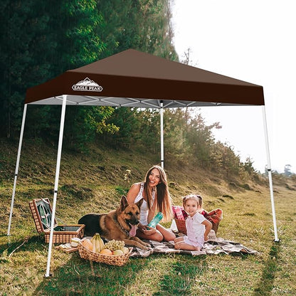 EAGLE PEAK 10x10 Slant Leg Pop-up Canopy Tent Easy One Person Setup Instant Outdoor Beach Canopy Folding Portable Sports Shelter 10x10 Base 8x8 Top (Brown)