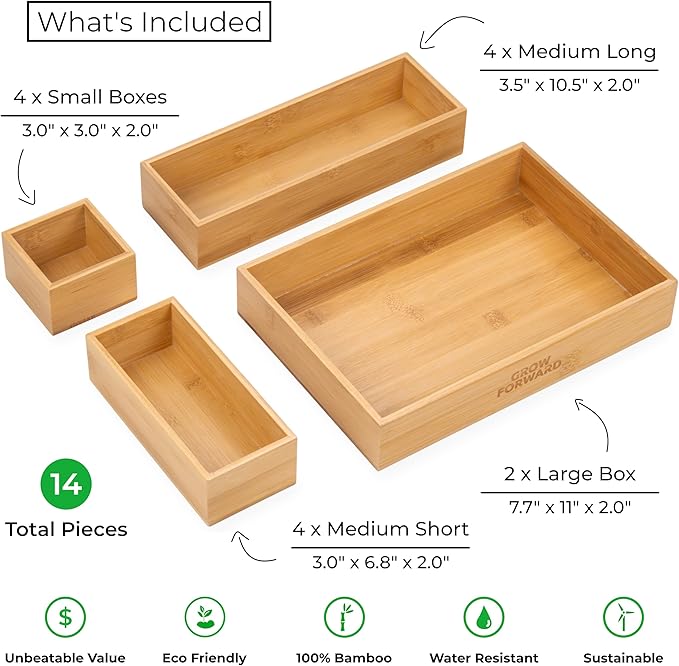 Grow Forward Bamboo Drawer Organizer Boxes