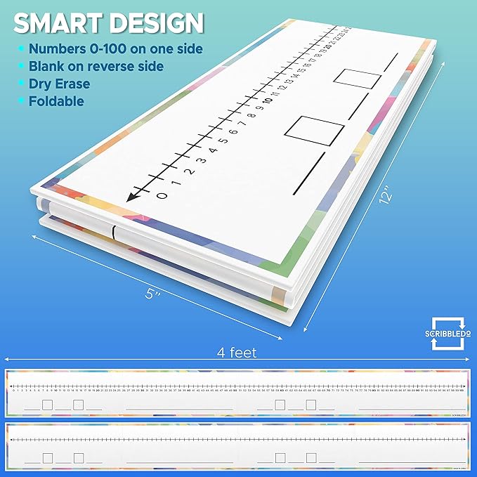 SCRIBBLEDO 0-100 Dry Erase Number Line Board for Students Double Sided 4 Feet with a Red & Black Dry Erase Marker Featuring 0-100 Number Line on One Side and Blank Line on The Reverse