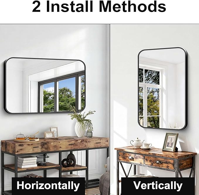 Black Bathroom Mirror, 28x42 inch Aluminum Metal Frame Rectangular Vanity Mirror
