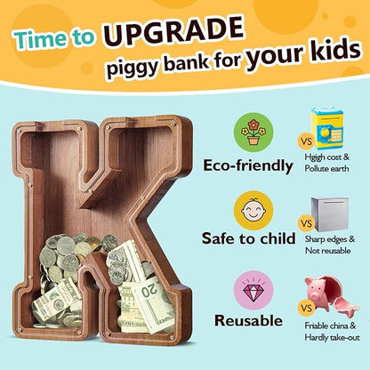 Summidate Customized Name Large Wooden Piggy Bank for Kids Boys Girls Alphabets Letter A-Z Coins Bills Money Change Bank Box Initial on Clear Cover (Laser Engraved) (Alphabet-K, Personalized-12)