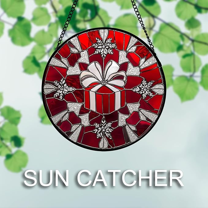 DASTOLL Stained Glass Window Hanging 4 Pcs Set Red Christmas Decorations Theme