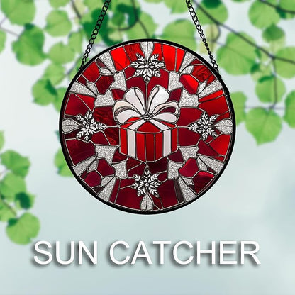 DASTOLL Stained Glass Window Hanging 4 Pcs Set Red Christmas Decorations Theme