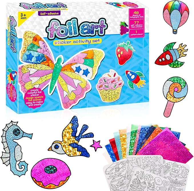 Foil Art Kit for Kids - Foils Fun Craft Kits & Supplies, No Mess Art for Kids, Foil Foam Stickers Art Craft Activity for Kid, DIY Creative Activity Birthday Christmas Gift Travel Toys for Girls Boys