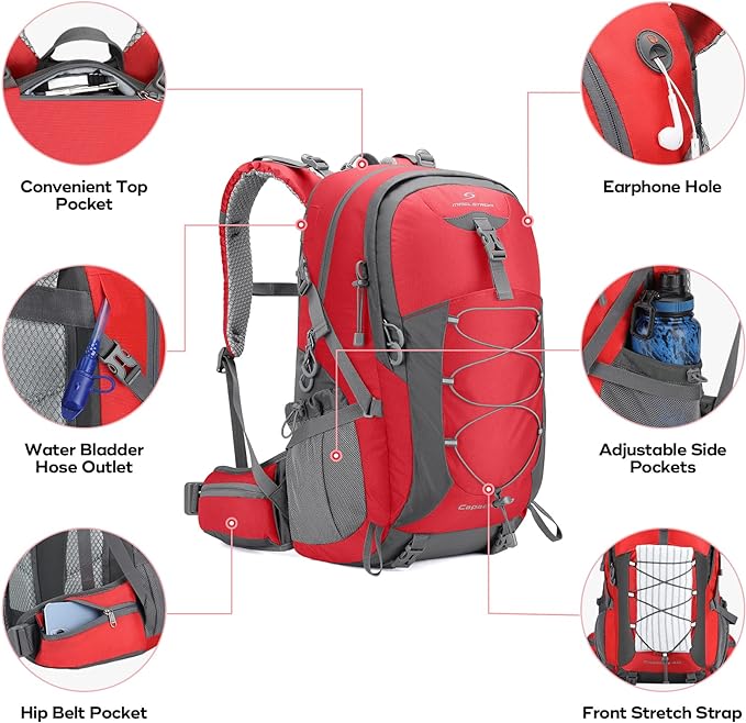 Maelstrom Hiking Backpack,Camping Backpack,40L Waterproof Hiking Daypack with Rain Cover,Lightweight Travel Backpack,Red