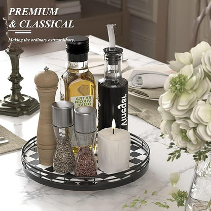 Black and White Kitchen Lazy Susan Turntable – Checkered Round Decorative Tray