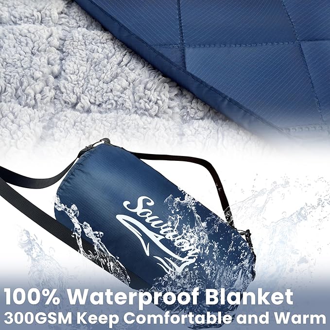 Waterproof Outdoor Blanket 92”X 60” Packable, Stadium Blankets for Camping with Sherpa Fleece Lining, Large Windproof Emergency Throw Mat for Garss Picnic Hiking Road Trip, Machine Washable, Navy
