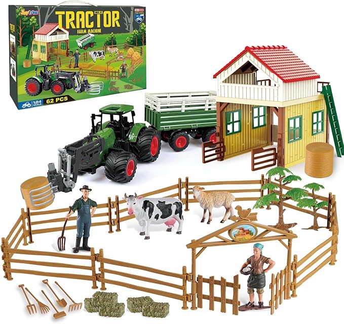 Farm Tractor Playset, 62 Pcs Farm Toy Set for Kids with 1/24 Tractor, Dumpable Traile, Bale Grapple, Big Barn, Farm Life Accessories, Map - Toys for 3+ Year Old Boys Girls