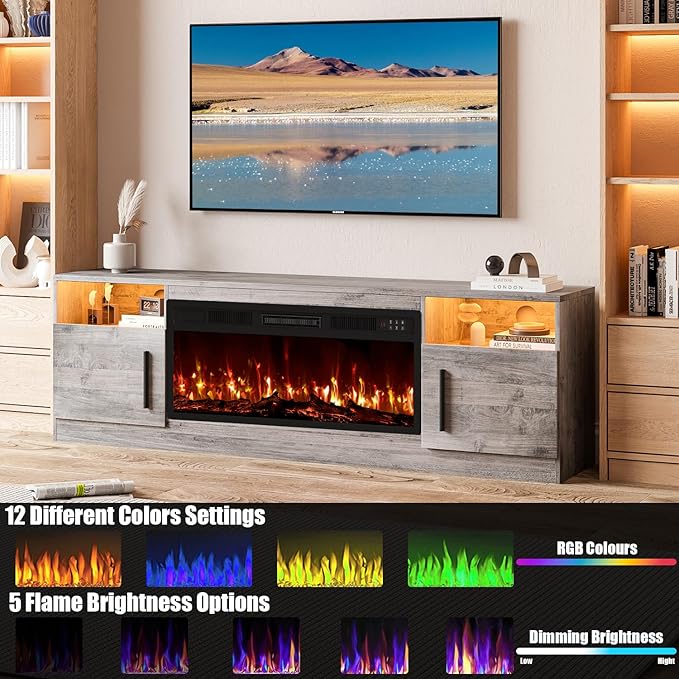 VITESSE TV Stand with 36" inch Electric Fireplace Up to 80" TVs, LED Light