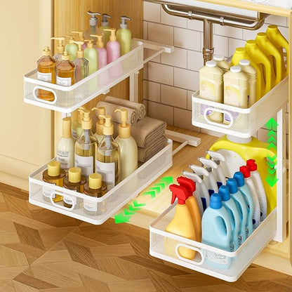 Under Sink Organizer 2-Pack, Metal 2-Tier Pull-Out Cabinet Shelf