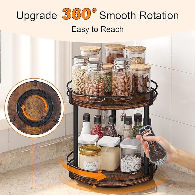 Snughome Rotating Spice Rack, 2 Tier Lazy Susan Organizer, Wood Kitchen