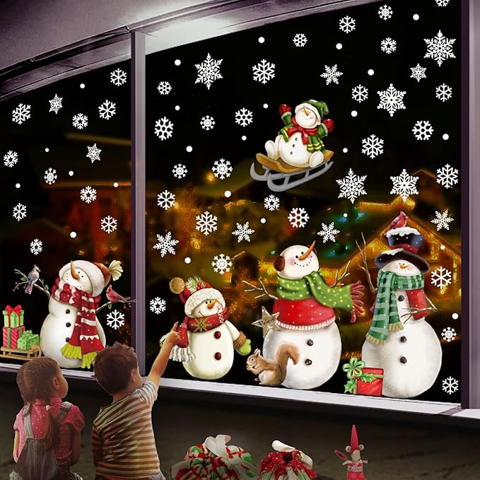 Christmas Snowflake Stickers，Snowman Decals，Window Stickers for Windows Glass，Winter Window Cling，Christmas Decorations Holiday,Christmas Window Clings (Snowman)