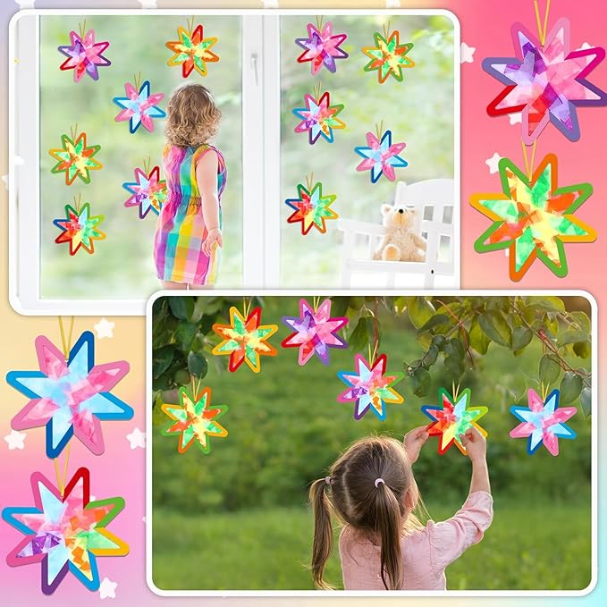 Qyeahkj 36 Set Summer Star Suncatchers Crafts for Kids DIY Star Window Tissue Paper Craft Kit Art Ornament Hanging Decor for School Home Classroom Activity Art Project Birthday Party Favors Gifts