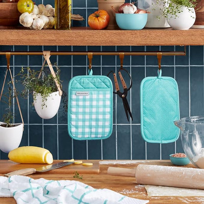 KitchenAid Gingham Pot Holder 2-Pack Set, Aqua Sky
